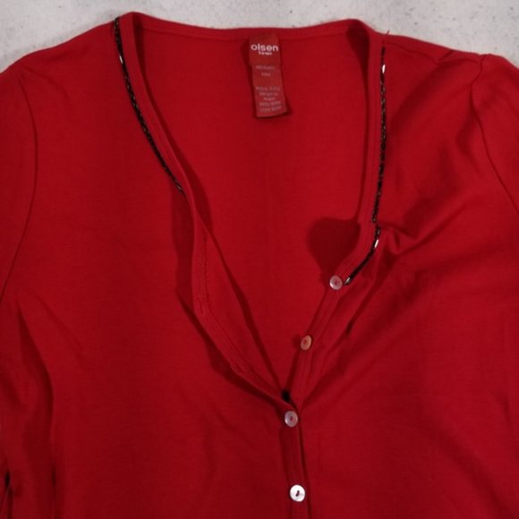 Olsen Europe Red Button Up V-Neck Sweatshirt - Picture 7 of 8